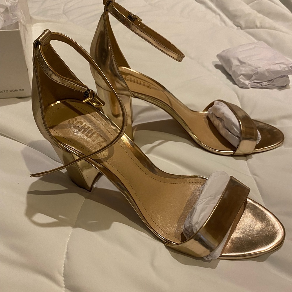 SCHUTZ Gold Sculptural Heel Sandals